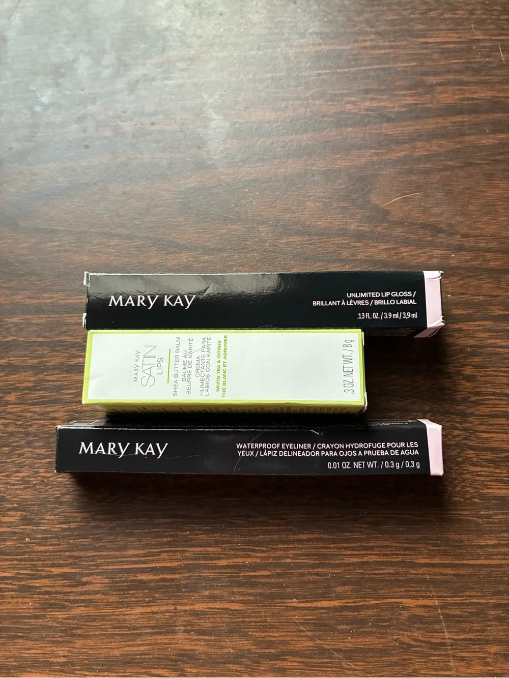 Mary Kay Lip Gloss, Satin Lips Shea Balm & Eyeliner Trio